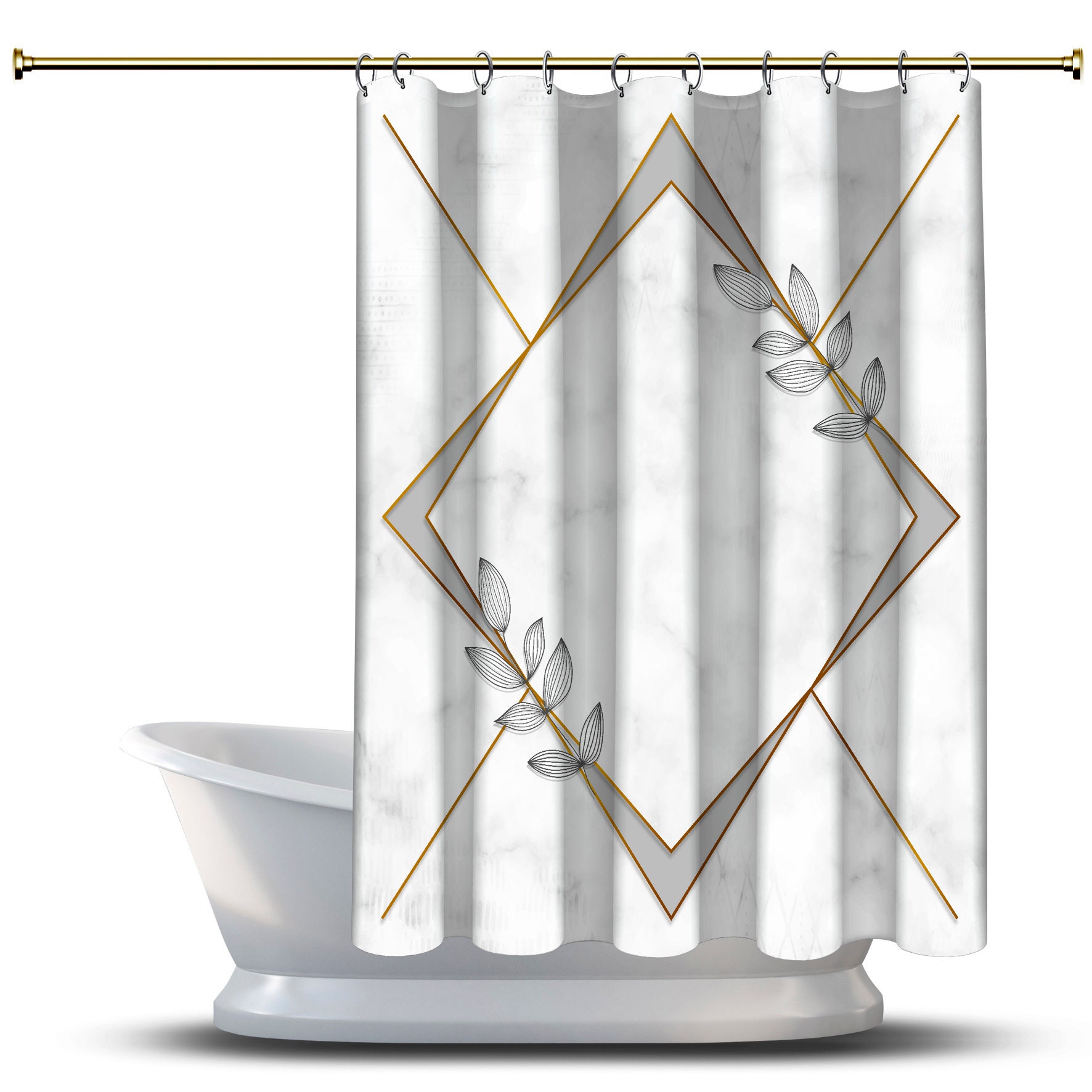 Gray Diamond Frames and Leaves Shower Curtain for Bathtub, Geometric Printed and Waterproof