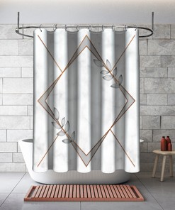 Gray Diamond Frames and Leaves Shower Curtain for Bathtub, Geometric Printed and Waterproof