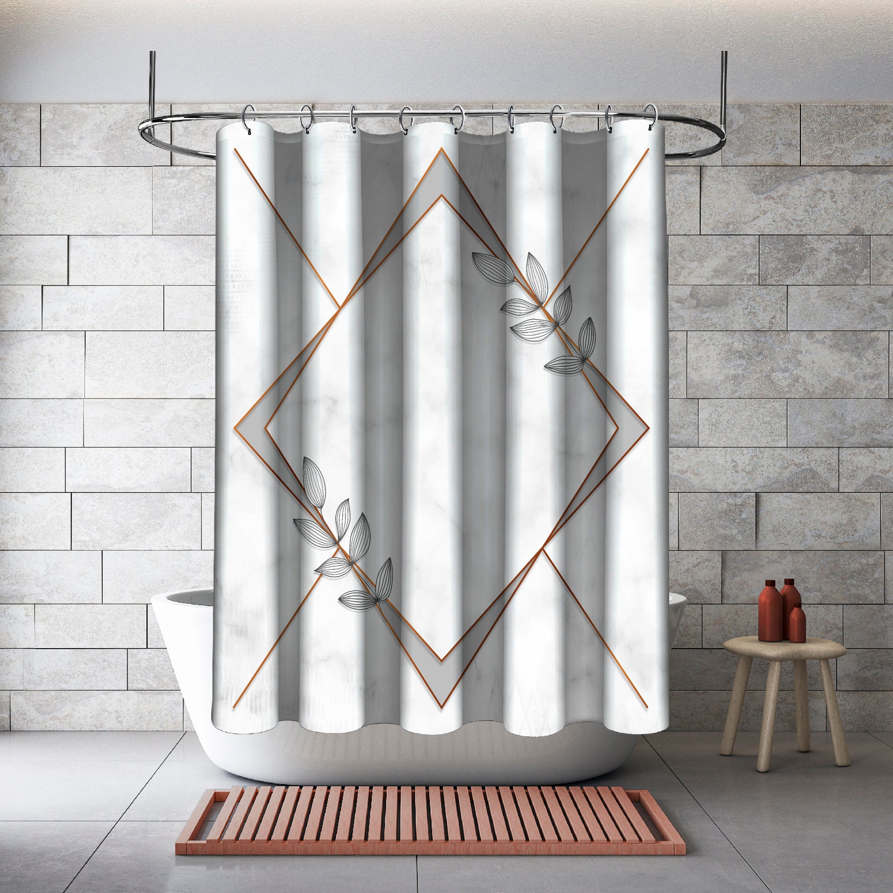 Gray Diamond Frames and Leaves Shower Curtain for Bathtub, Geometric Printed and Waterproof