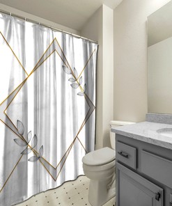 Gray Diamond Frames and Leaves Shower Curtain for Bathtub, Geometric Printed and Waterproof