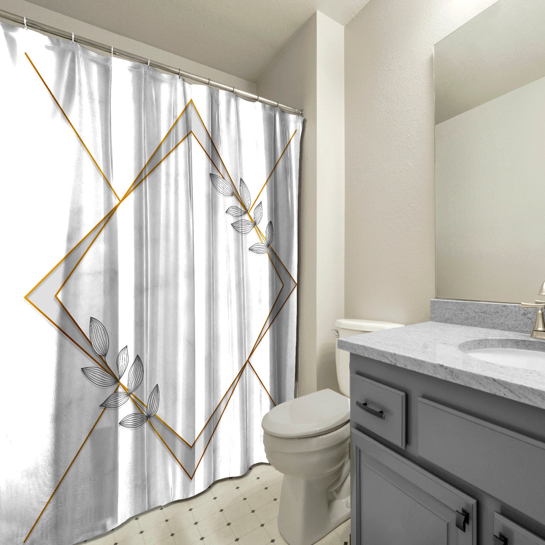 Gray Diamond Frames and Leaves Shower Curtain for Bathtub, Geometric Printed and Waterproof