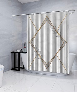 Gray Diamond Frames and Leaves Shower Curtain for Bathtub, Geometric Printed and Waterproof