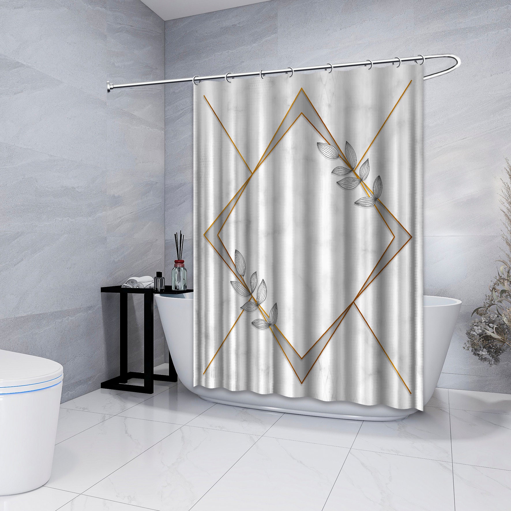 Gray Diamond Frames and Leaves Shower Curtain for Bathtub, Geometric Printed and Waterproof