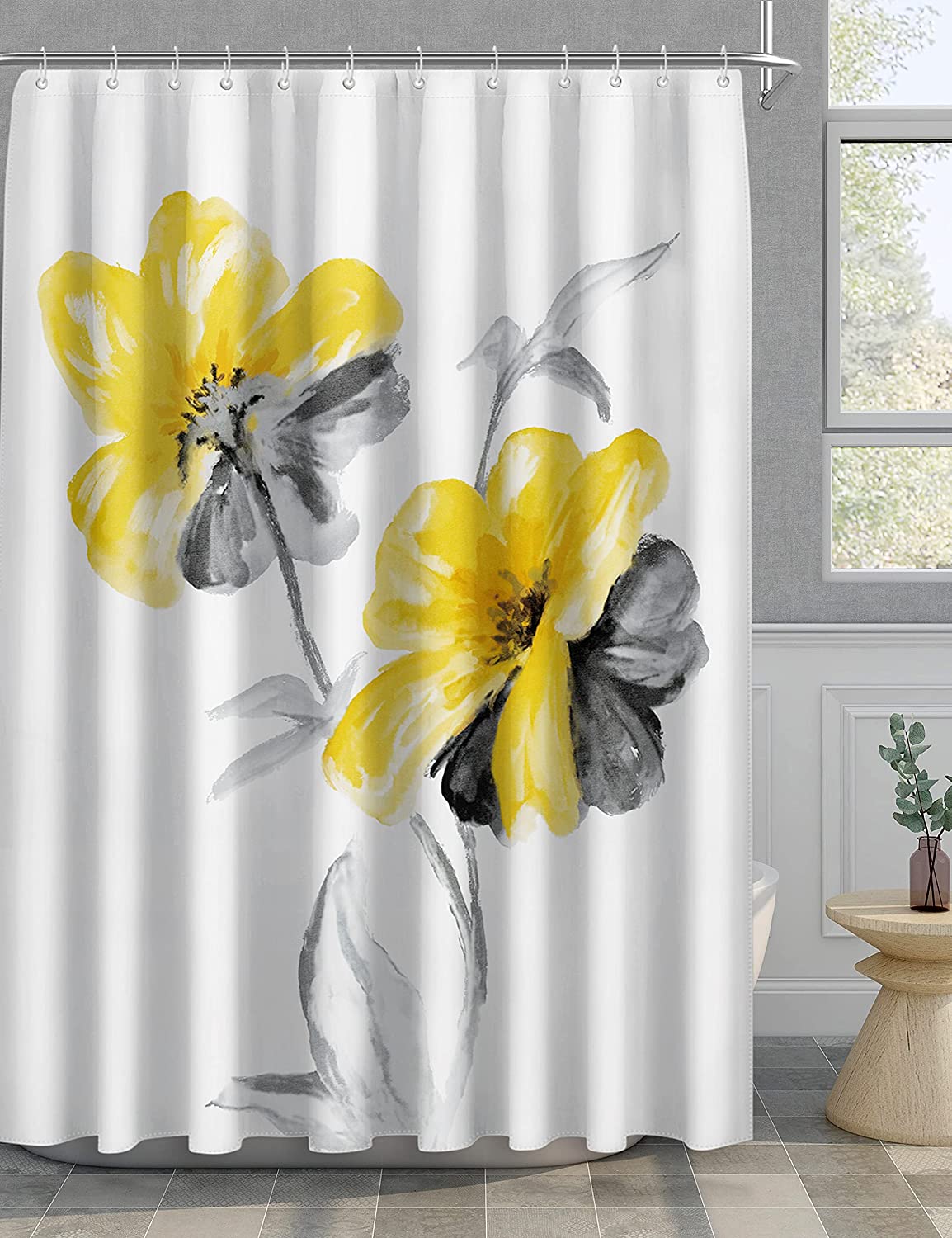Gray Floral Farmhouse Shower Curtain, Elegant Bathroom Decor