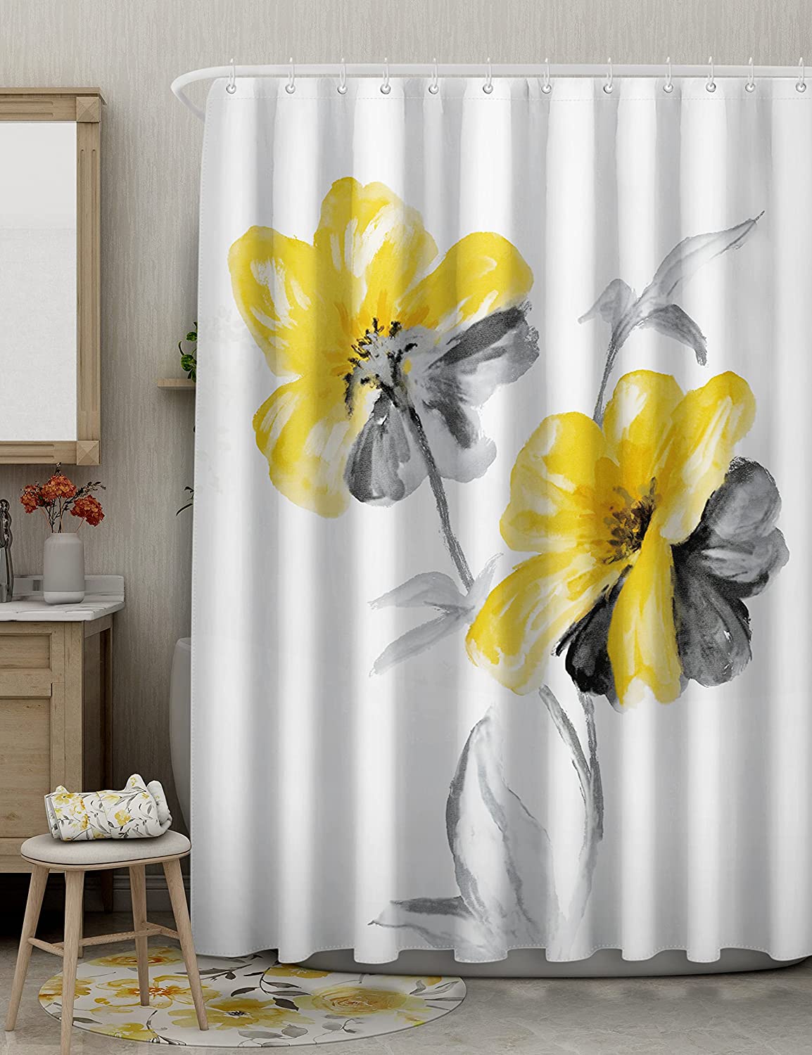 Gray Floral Farmhouse Shower Curtain, Elegant Bathroom Decor