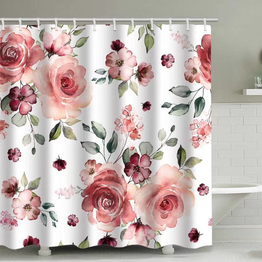 Gray Floral Rose Shower Curtain, Waterproof And Washable For Easy Maintenance