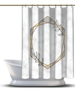 Gray Hexagonal Frames and Leaves Shower Curtain, Geometric Printed and Waterproof for Bathroom