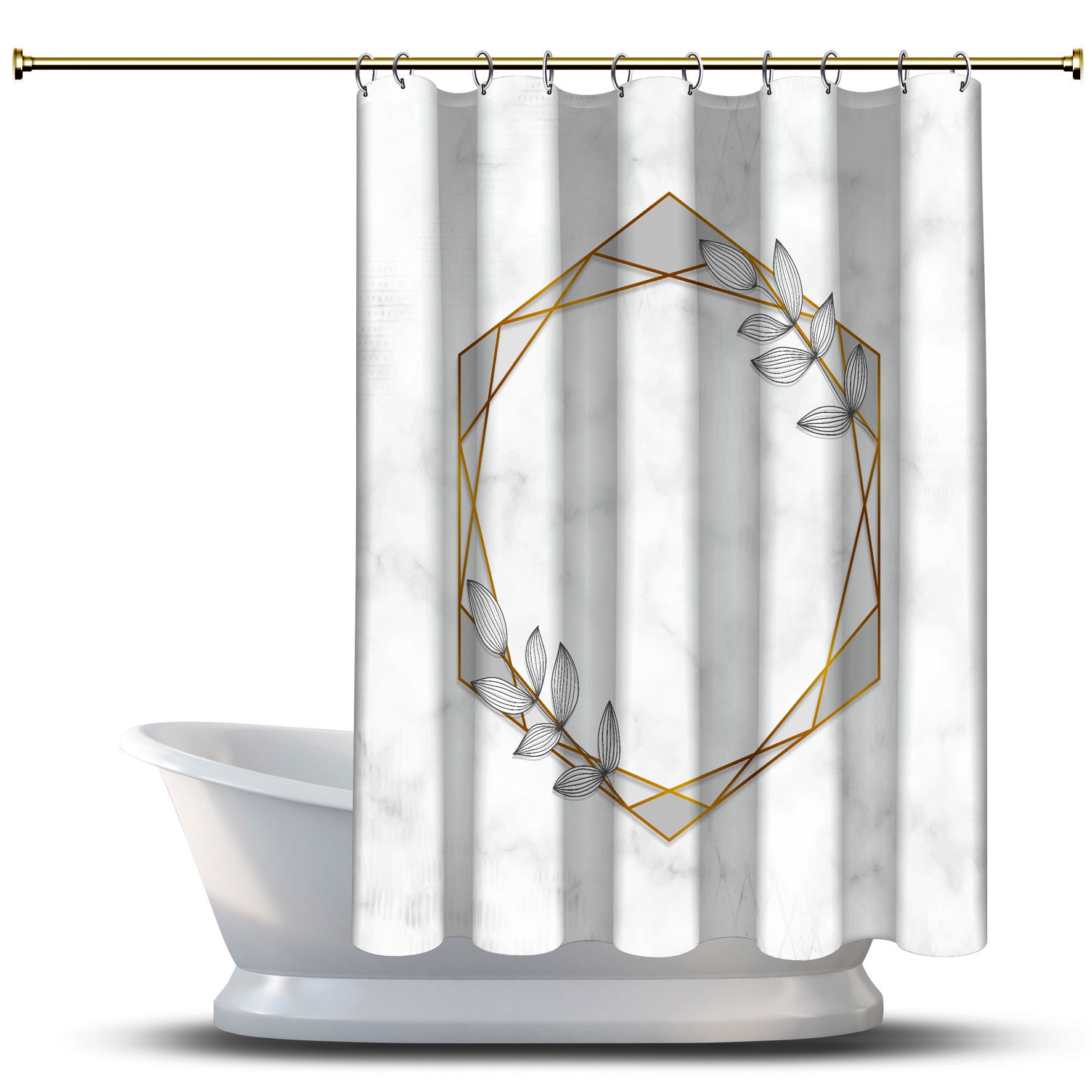 Gray Hexagonal Frames and Leaves Shower Curtain, Geometric Printed and Waterproof for Bathroom