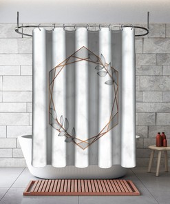 Gray Hexagonal Frames and Leaves Shower Curtain, Geometric Printed and Waterproof for Bathroom