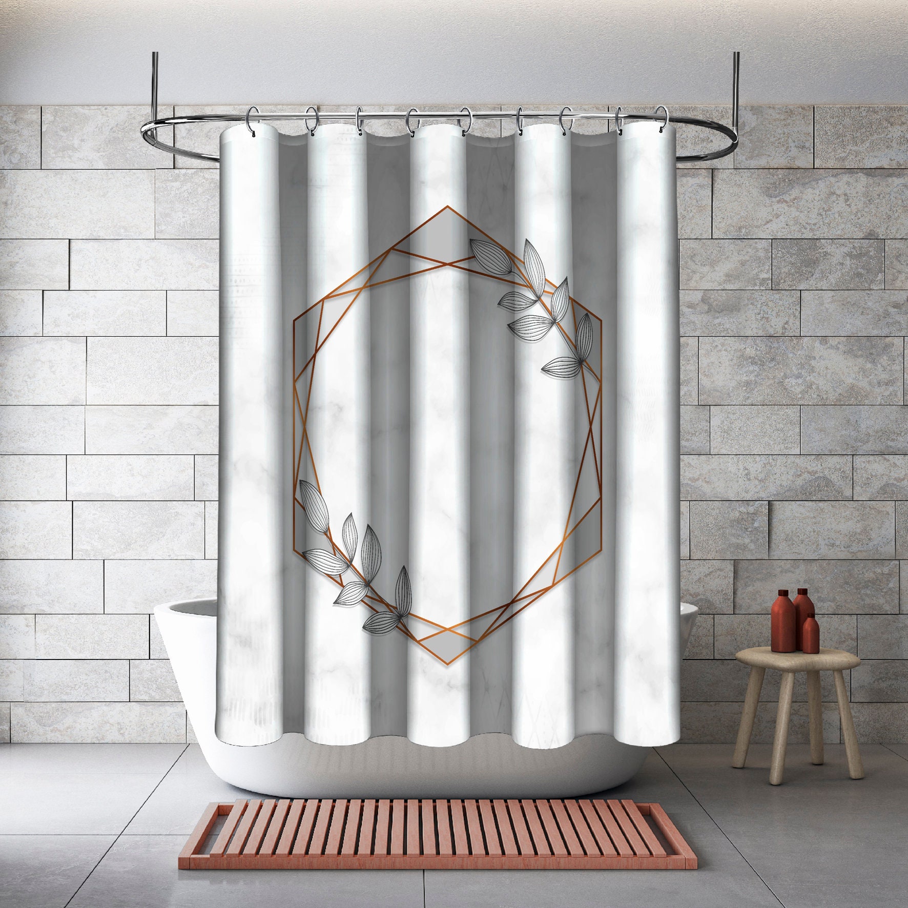 Gray Hexagonal Frames and Leaves Shower Curtain, Geometric Printed and Waterproof for Bathroom