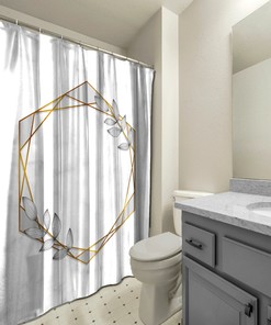 Gray Hexagonal Frames and Leaves Shower Curtain, Geometric Printed and Waterproof for Bathroom