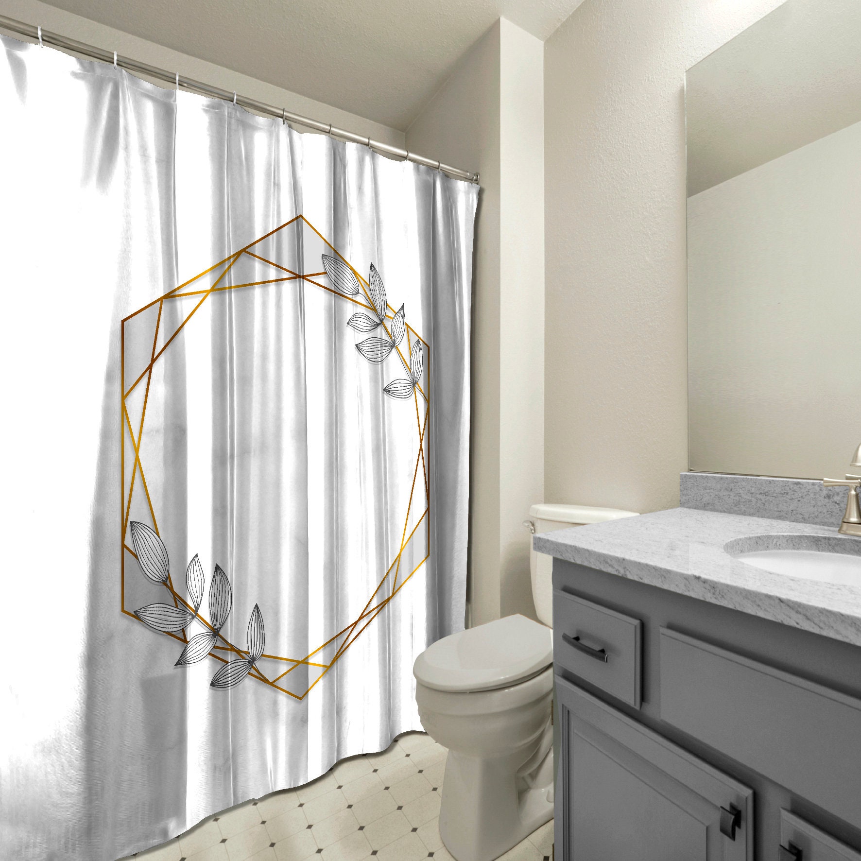 Gray Hexagonal Frames and Leaves Shower Curtain, Geometric Printed and Waterproof for Bathroom