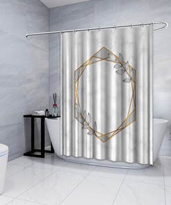 Gray Hexagonal Frames and Leaves Shower Curtain, Geometric Printed and Waterproof for Bathroom