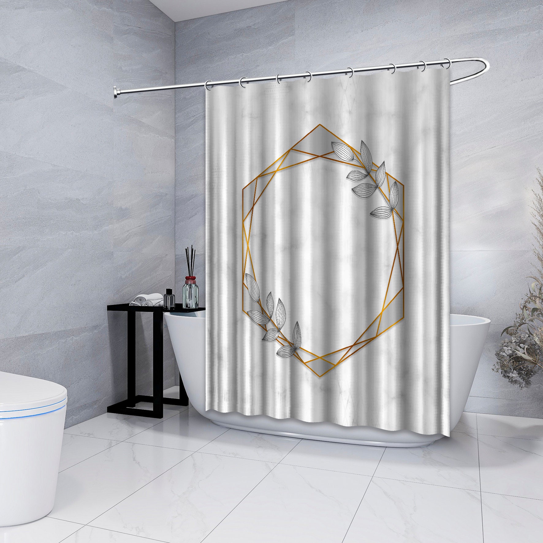 Gray Hexagonal Frames and Leaves Shower Curtain, Geometric Printed and Waterproof for Bathroom