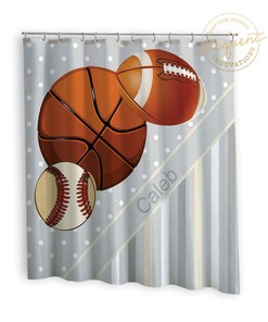 Gray, Neutral Stripes & Polka Dots Personalized Sports Shower Curtain for Boys- Basketball, Baseball or Football Gift