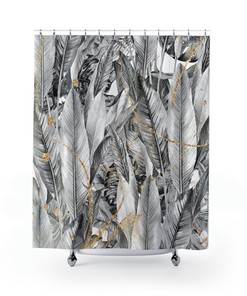 Gray Ombre Gradient Shower Curtain With Jungle Palm Leaves For Luxurious Tropical Bathroom