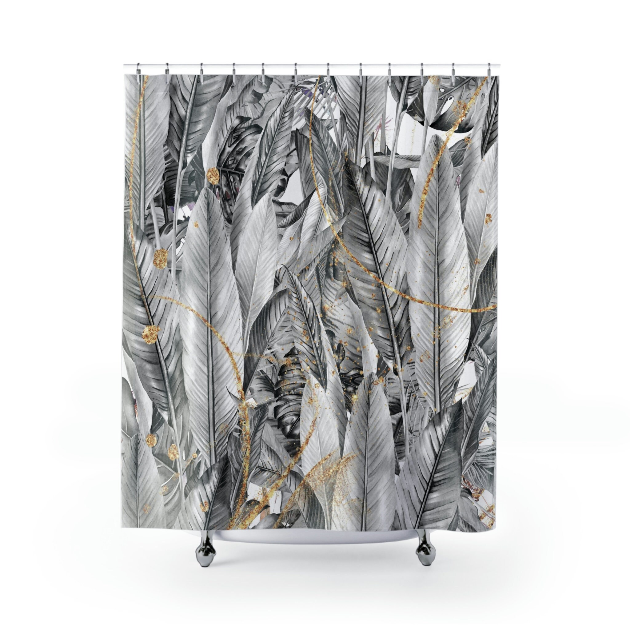 Gray Ombre Gradient Shower Curtain With Jungle Palm Leaves For Luxurious Tropical Bathroom