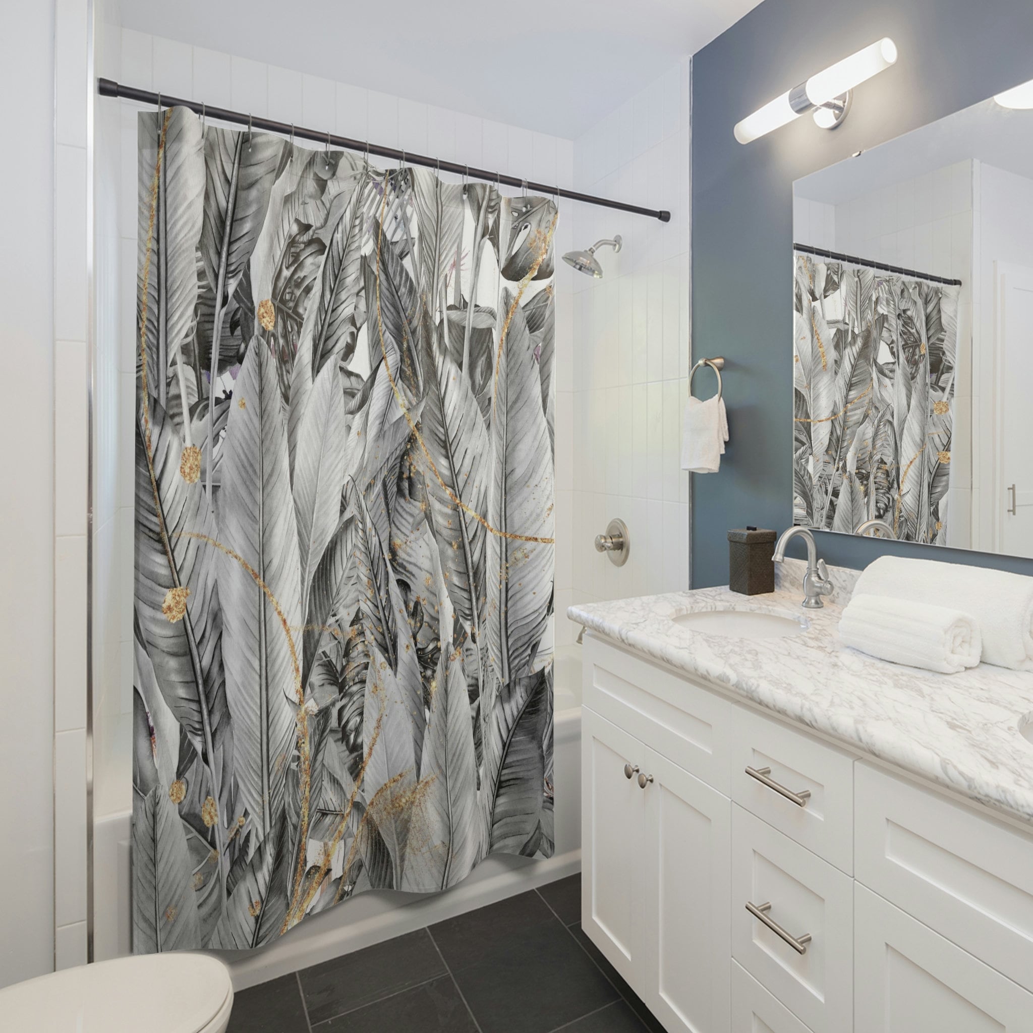 Gray Ombre Gradient Shower Curtain With Jungle Palm Leaves For Luxurious Tropical Bathroom - Image 2