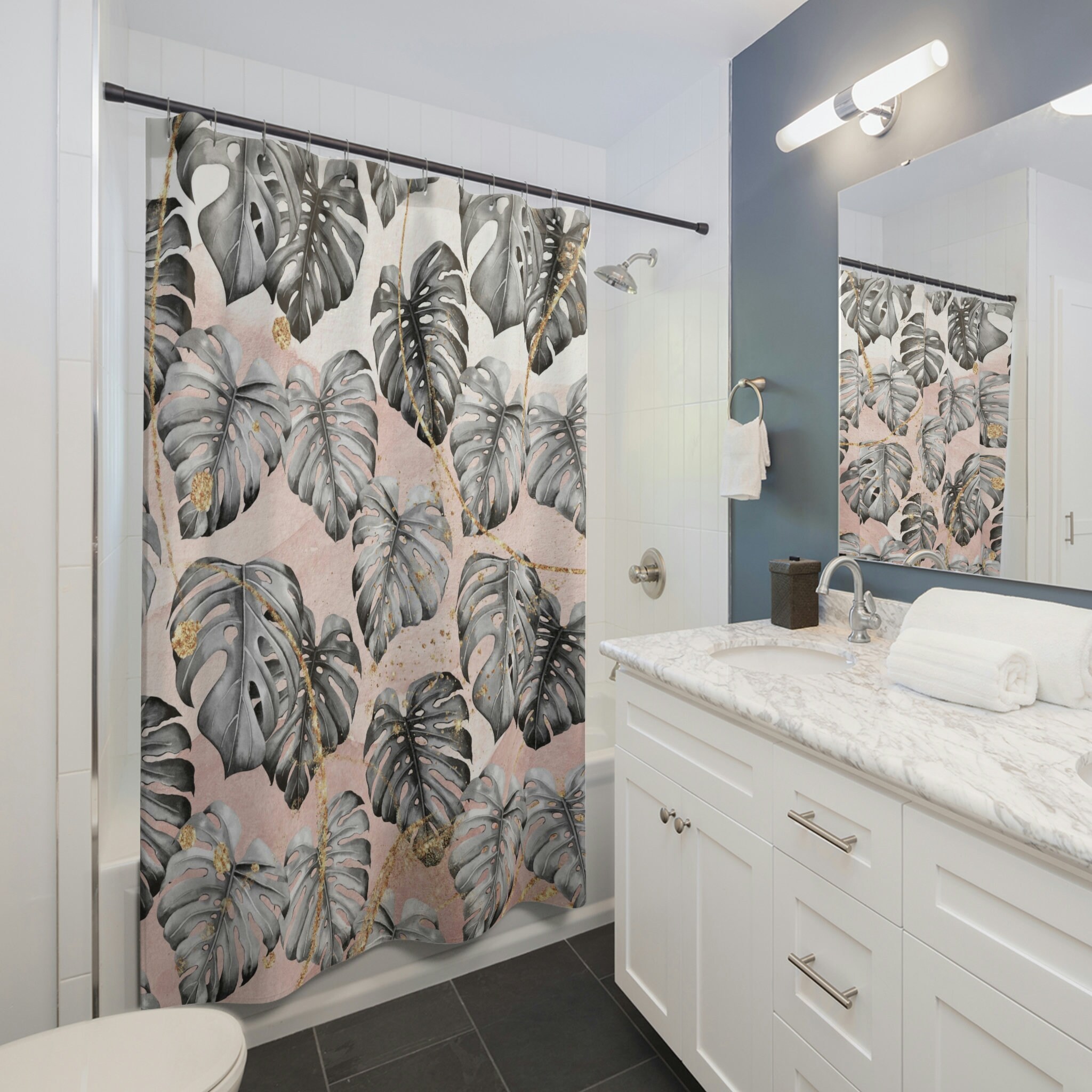 Gray Ombre Minimalist Floral Shower Curtain For Chic Bathroom - Image 2