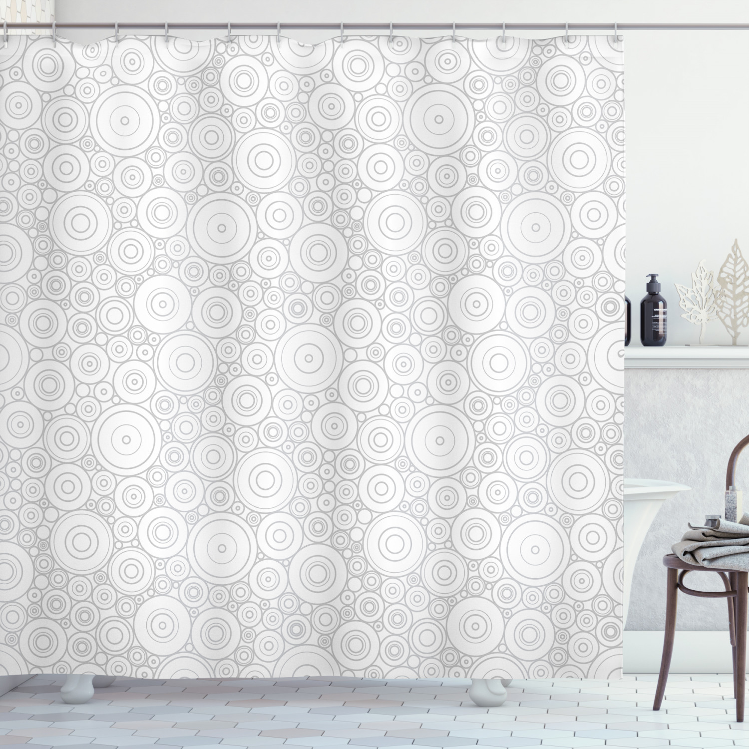 Gray Retro Shower Curtain With Geometric Circles For Bathroom