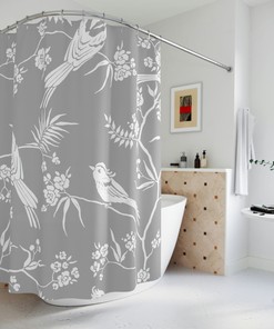 Gray Shower Curtain With White Bird Print For Bathroom Decor