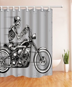 Gray Skull Man Motorcycle Fabric Shower curtain 59*71 10 Hooks - Masculine Skull Bathroom Decor 