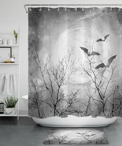 Gray Sky Full Moon With Bats For Happy Halloween Shower Curtain