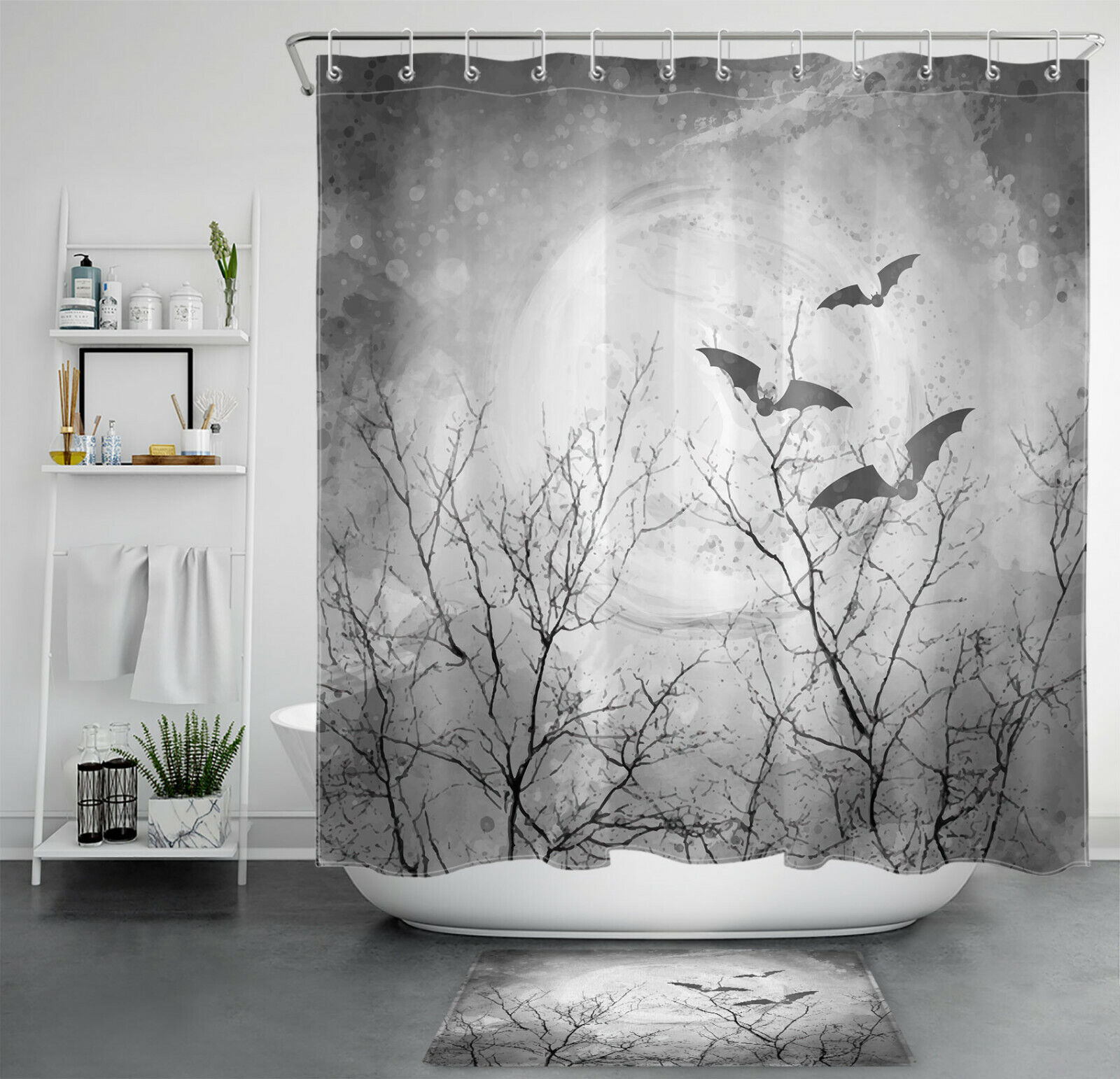 Gray Sky Full Moon With Bats For Happy Halloween Shower Curtain