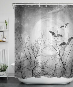 Gray Sky Full Moon With Bats For Happy Halloween Shower Curtain