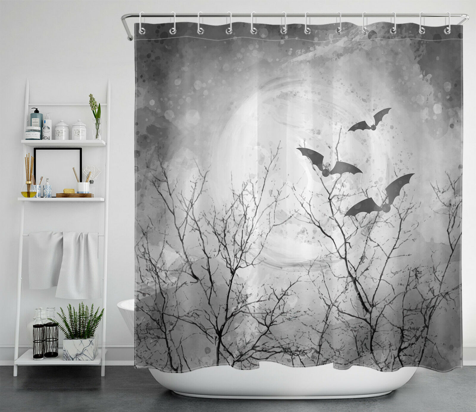 Gray Sky Full Moon With Bats For Happy Halloween Shower Curtain