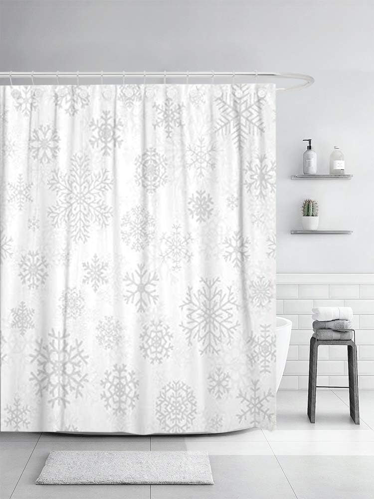 Gray Snowflakes White Christmas Snow Shower Curtain for Your Winter Bathroom Decor
