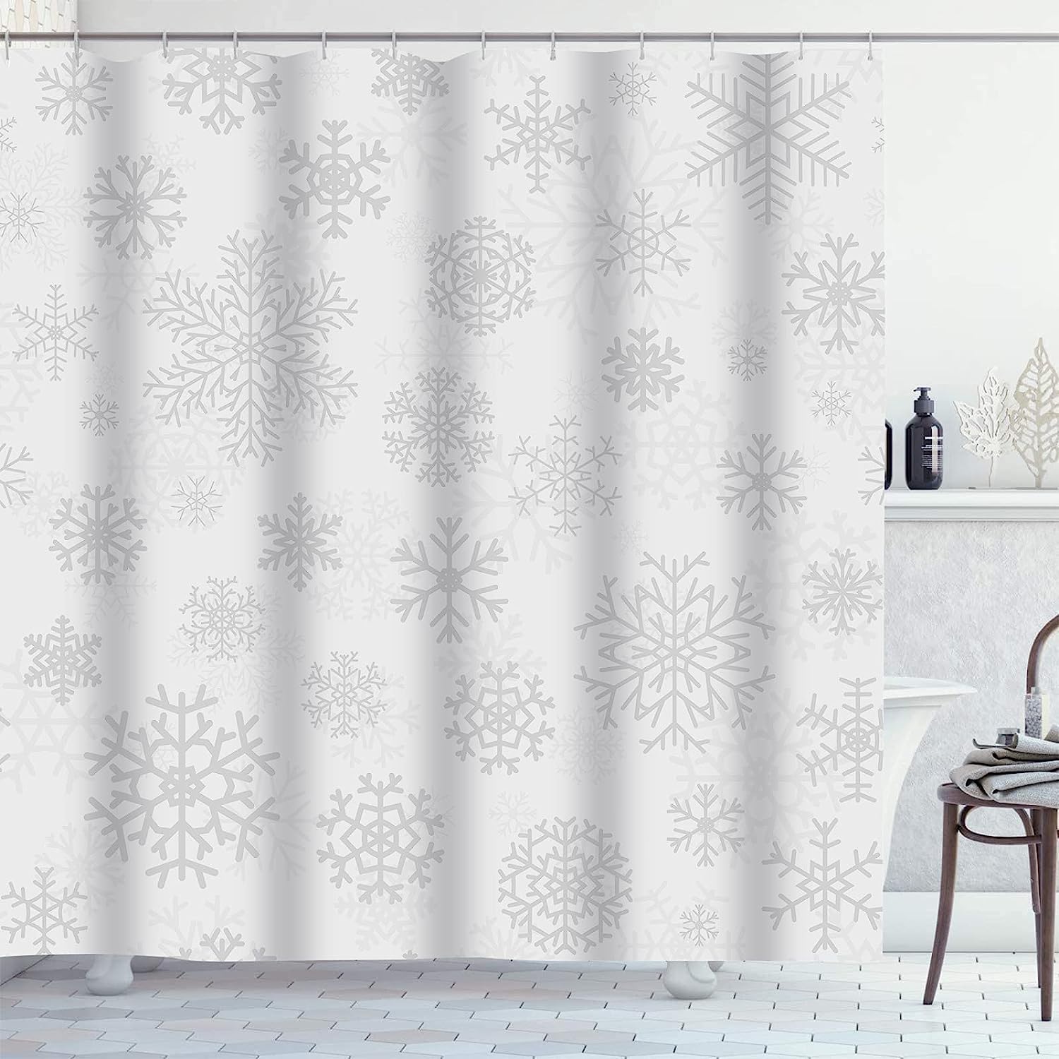 Gray Snowflakes White Christmas Snow Shower Curtain for Your Winter Bathroom Decor