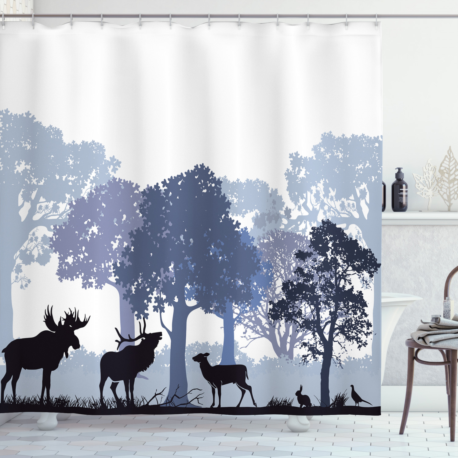 Gray Wild Forest Animals Moose Shower Curtain for Bathroom