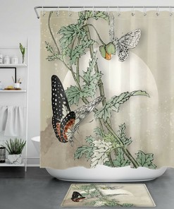 Gray and Brown Butterfly Shower Curtain with Plants and Green Leaves for a Natural Oasis