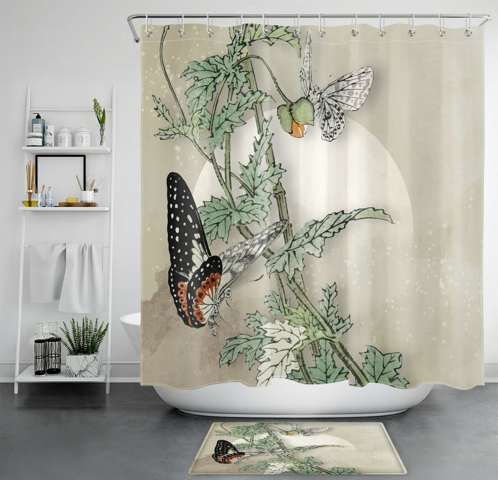 Gray and Brown Butterfly Shower Curtain with Plants and Green Leaves for a Natural Oasis