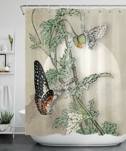 Gray and Brown Butterfly Shower Curtain with Plants and Green Leaves for a Natural Oasis