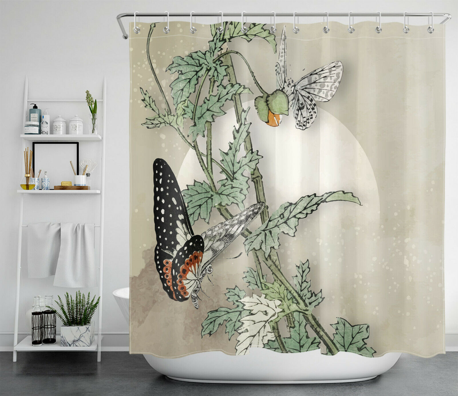 Gray and Brown Butterfly Shower Curtain with Plants and Green Leaves for a Natural Oasis