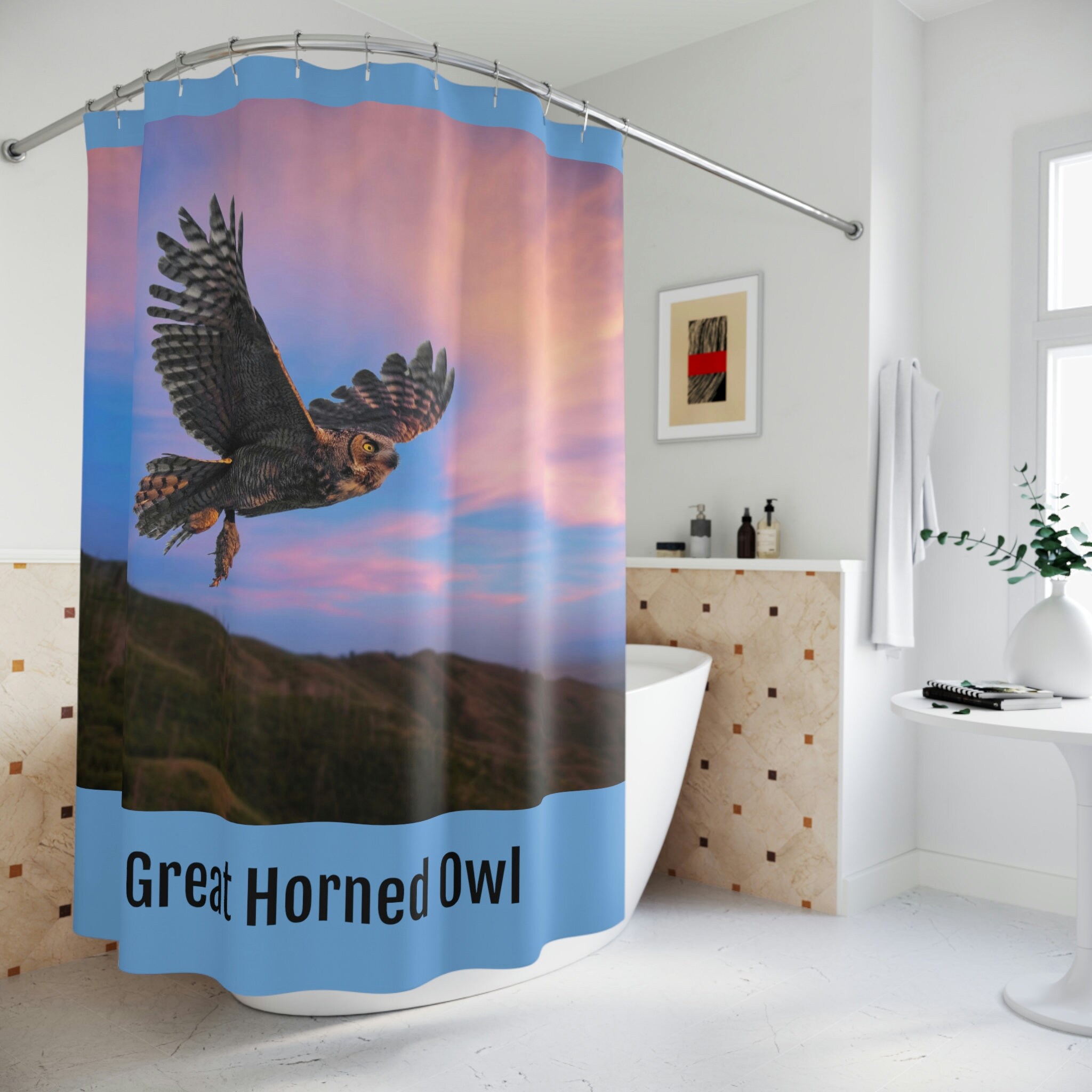 Great Horned Owl Flying Polyester Shower Curtain for a Nature Lover's Bathroom Decor