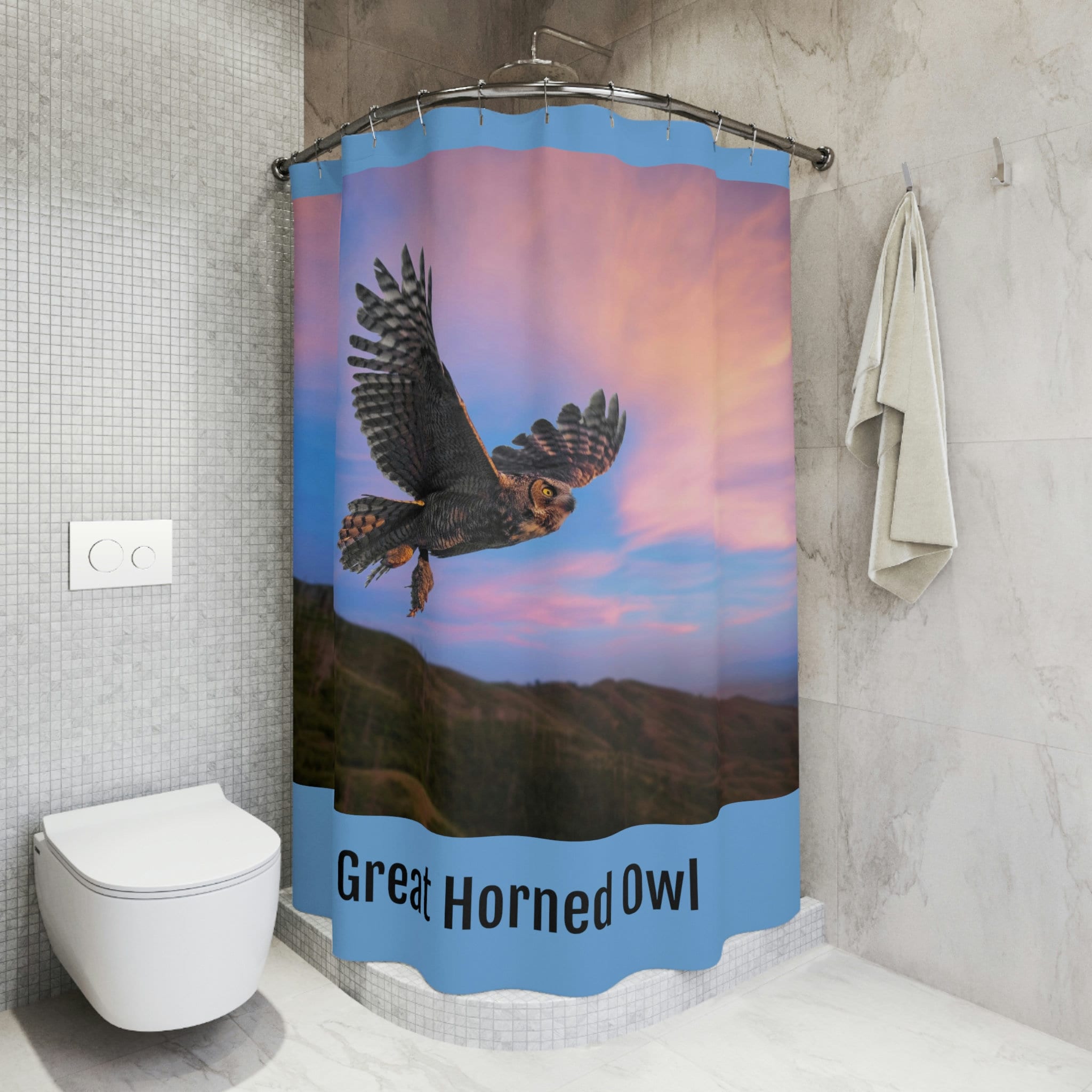 Great Horned Owl Flying Polyester Shower Curtain for a Nature Lover's Bathroom Decor