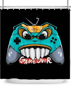 Great Kids Bathroom Decor Idea With Funny Video Game Shower Curtain, Featuring Game Over Print And Waterproof Fabric 