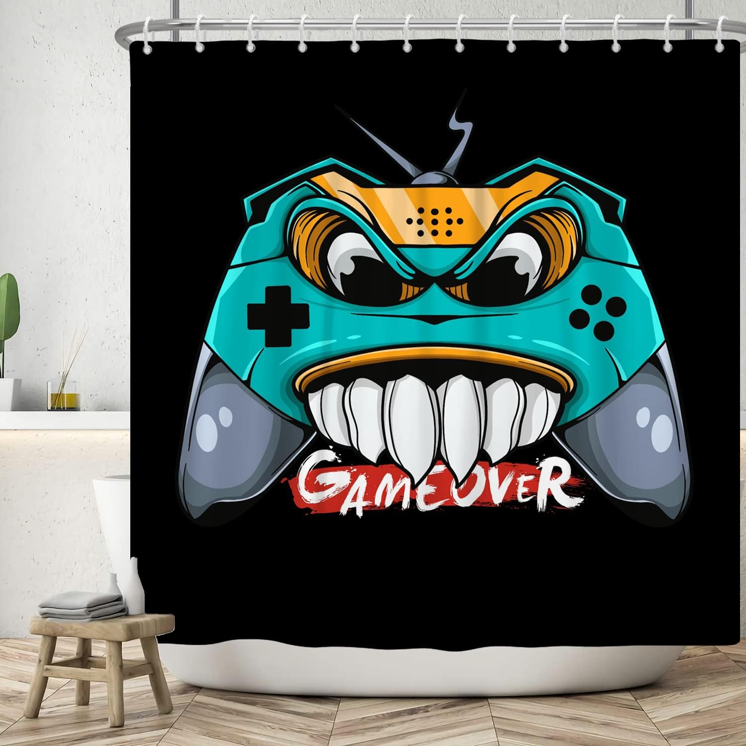 Great Kids Bathroom Decor Idea With Funny Video Game Shower Curtain, Featuring Game Over Print And Waterproof Fabric
