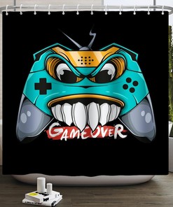 Great Kids Bathroom Decor Idea With Funny Video Game Shower Curtain, Featuring Game Over Print And Waterproof Fabric
