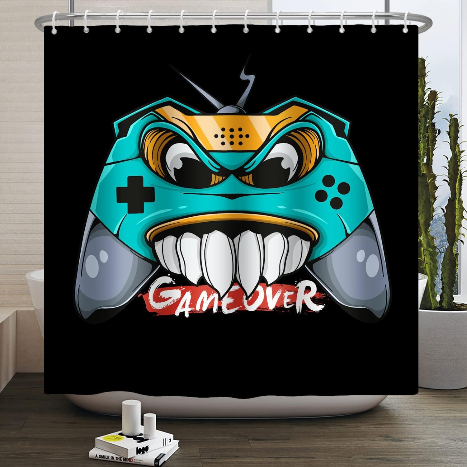 Great Kids Bathroom Decor Idea With Funny Video Game Shower Curtain, Featuring Game Over Print And Waterproof Fabric