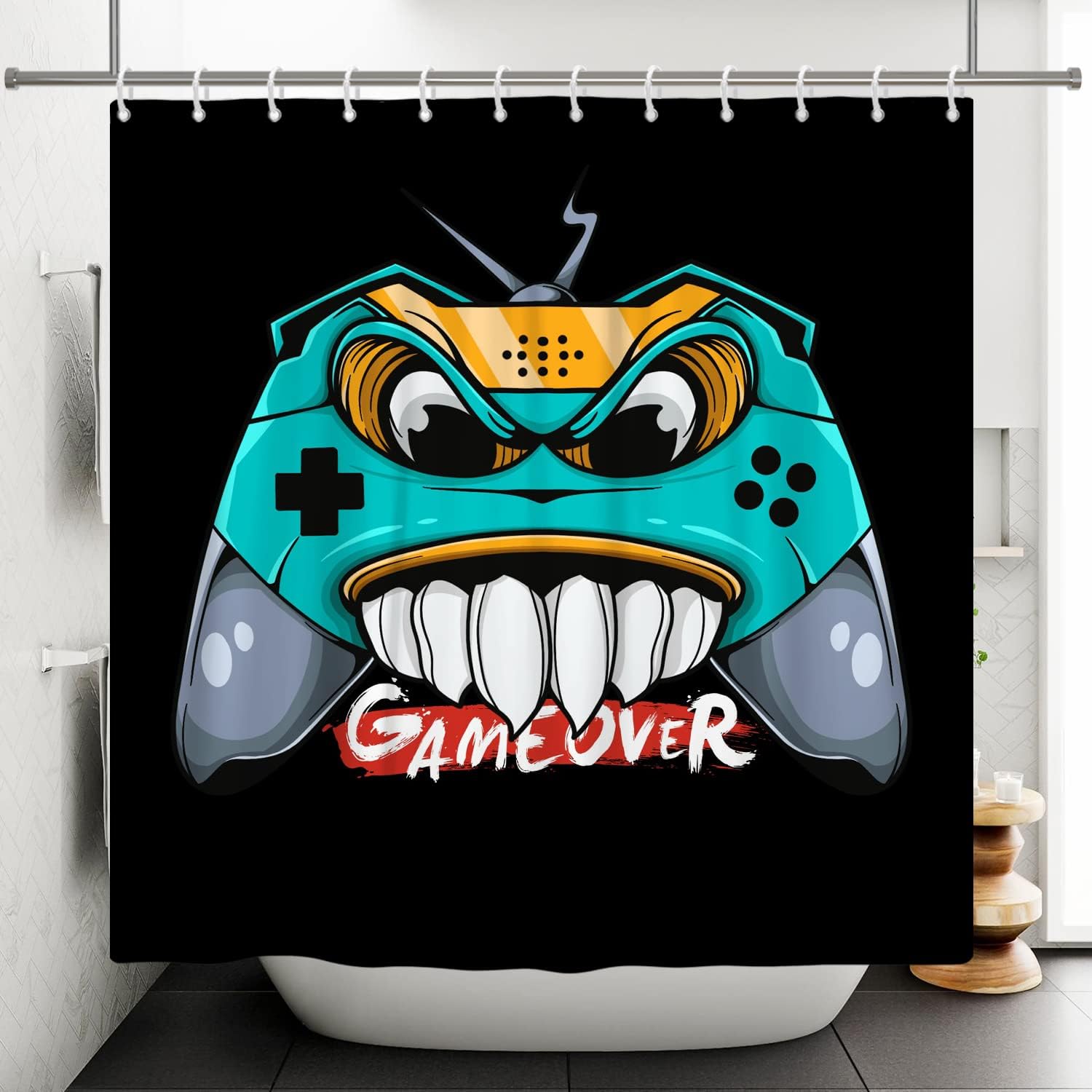 Great Kids Bathroom Decor Idea With Funny Video Game Shower Curtain, Featuring Game Over Print And Waterproof Fabric
