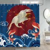 Great Wave Shower Curtain With Crane Koi Fish Gold Blue Red Sun Japanese Sea Bathroom Curtain