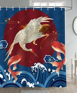 Great Wave Shower Curtain With Crane Koi Fish Gold Blue Red Sun Japanese Sea Bathroom Curtain