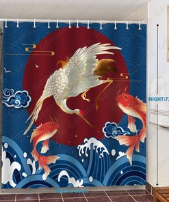 Great Wave Shower Curtain With Crane Koi Fish Gold Blue Red Sun Japanese Sea Bathroom Curtain