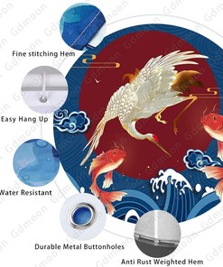 Great Wave Shower Curtain With Crane Koi Fish Gold Blue Red Sun Japanese Sea Bathroom Curtain