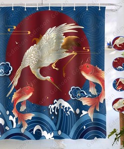 Great Wave Shower Curtain With Crane Koi Fish Gold Blue Red Sun Japanese Sea Bathroom Curtain