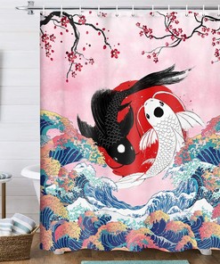 Great Wave and Koi Fish Shower Curtain - Japanese Ocean Theme Bathroom Decor
